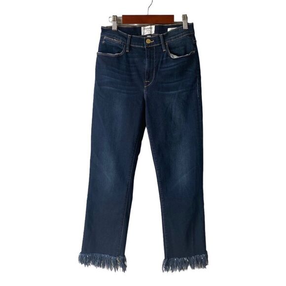 Frame Denim Le High Straight Fringe Hem Jeans in Pine Knoll Dark Wash - Picture 4 of 14
